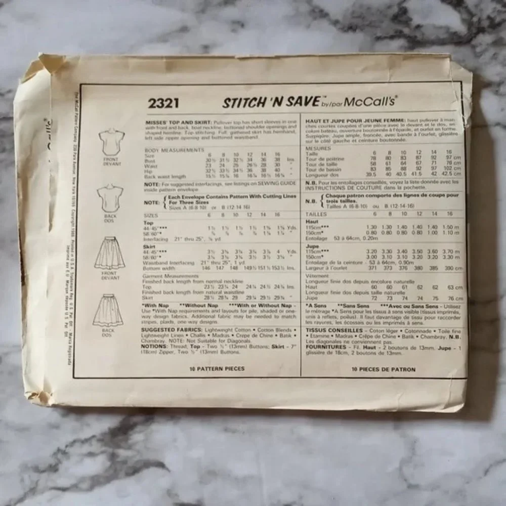 SEWING PATTERN - #2321 McCall's Stitch n Save Retro Full Skirt Top 12 14 16